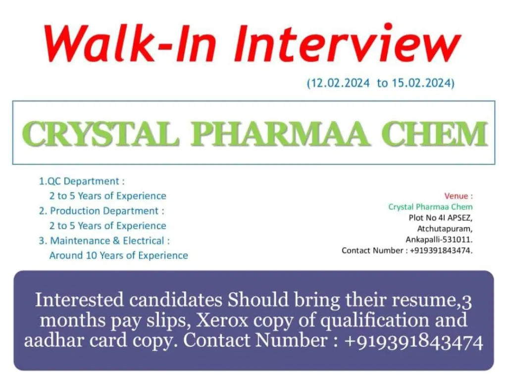 Crystal Pharma - Walk-In Interviews for QC, Production, Maintenance, Electrical on 12th - 15th Feb 2024
